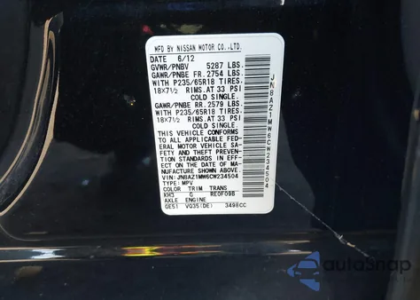 2012 Nissan Murano Sl из США, поврежденный, VIN JN8AZ1MW6CW234504